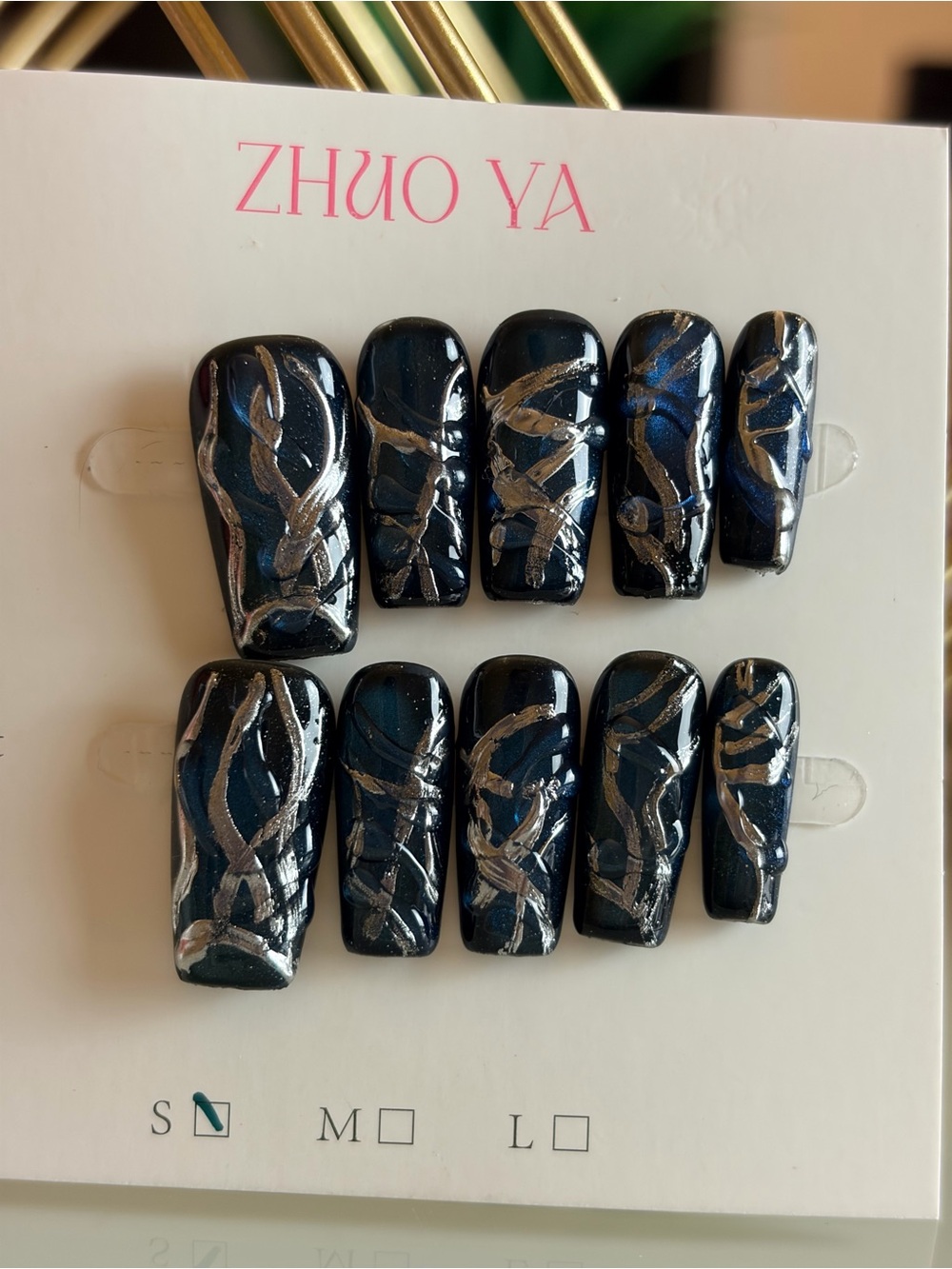 Navy Blue Metallic Swirl Press-On Nail Set- small